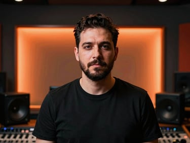 Eye-level portrait of a music producer in a recording studio with warm orange backlit panels, sharp focus, 35mm lens.