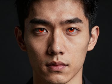 Tight eye-level portrait of a digital analyst in a dark studio setting, sharp focus, dramatic high-contrast lighting.