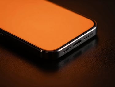 High-contrast macro shot of sleek modern electronics on a dark reflective surface, dramatic orange backlighting, sharp focus