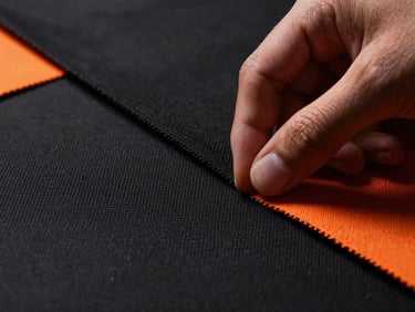 Macro close-up of a designer inspecting fabric textures under clean high-key studio lighting, high-contrast.