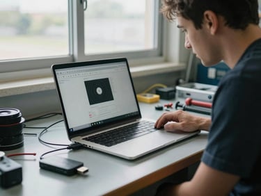 Wide shot of a repair bay workbench with a laptop open showing a corrupted boot screen, a USB drive plugged in, tools to the side, cool natural window light from behind the technician