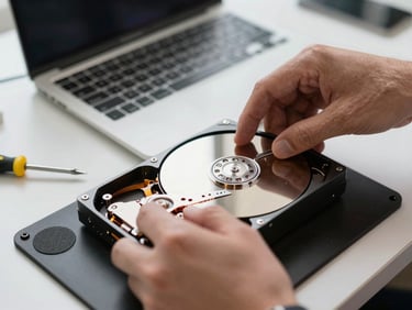Extreme close-up of a technician's hands holding a hard drive over an open laptop chassis on a workbench, natural daylight from the left, visible screwdriver and anti-static mat