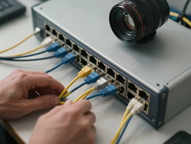Overhead documentation shot of a network switch and ethernet cables being connected on a workbench, hands visible routing cables, natural daylight casting soft shadows on the surface