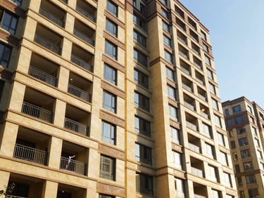 Candid shot of an agent pointing out architectural details on a residential building facade with a first-time buyer, crisp daylight, high contrast, warm editorial photography.