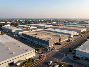 Wide-angle aerial shot of a modern logistics park with warehouses near a major highway intersection in Howrah, crisp daylight, structured, high contrast.