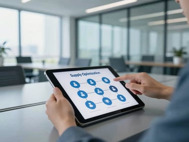 Close-up of hands collaborating on a tablet displaying a supply chain optimization diagram, in a modern meeting room with glass walls, bright natural light, sharp focus.