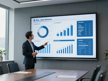 Professional consultant presenting financial projections on a large screen in a high-tech boardroom, showing complex data simplified into actionable insights, cool blue and gray tones.