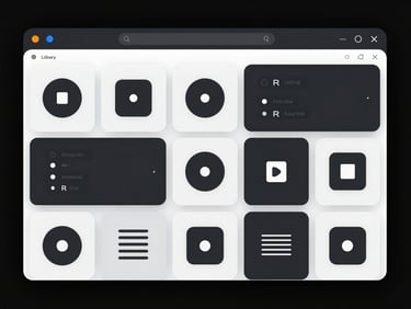 Clean dark-mode interface of a component library, structured grid, minimalist design tokens