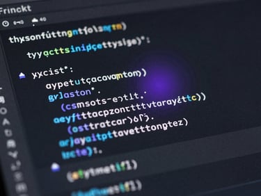 Macro shot of a high-fidelity code editor interface displaying clean TypeScript syntax on a deep charcoal dark-mode theme, subtle blue and purple radial highlights, shallow depth of field.
