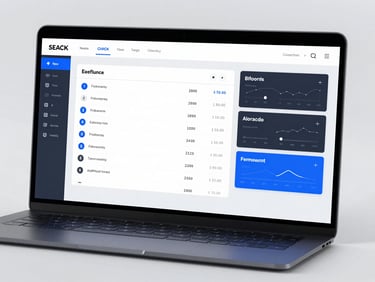 High-fidelity dark-mode UI mockup of a clean enterprise dashboard, cool blue highlights, sharp borders, data visualizations