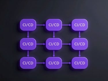 Clean system diagram showing automated CI/CD pipeline steps, glowing purple nodes, dark charcoal background, monospace labels