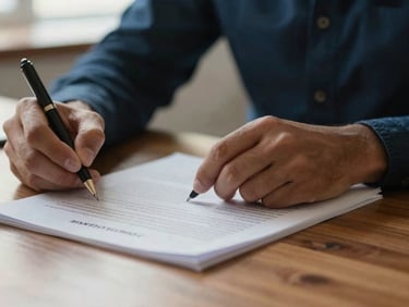 Close up of hands writing notes on a legal document on a wooden desk, warm editorial photography, soft natural light