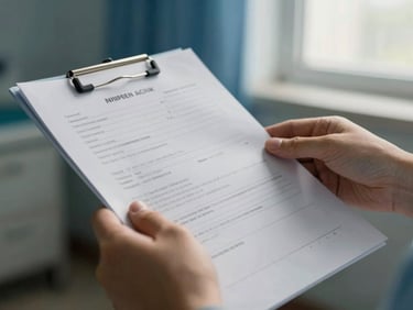 Close up of hands holding a medical report document, soft natural light, shallow depth of field, warm editorial photography