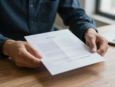 Primer plano de manos de un trabajador sosteniendo una carta de despido arrugada sobre una mesa de oficina, iluminación natural tenue, tono dramático y sobrio