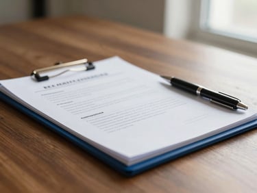 Primer plano de informes médicos y carpetas de expedientes sobre una mesa de madera, anotaciones hechas a mano con bolígrafo, luz natural suave, fotografía de estilo editorial