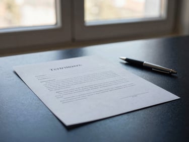 A desk with a termination letter and a pen, soft window light, professional atmosphere, warm editorial photography
