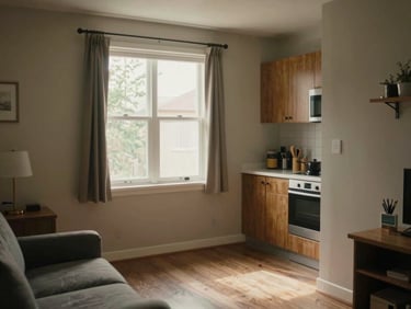 Documentary interior shot of a modest but tidy transitional housing unit, warm daylight through a window, a neatly arranged kitchen counter visible in the background, focus on the living space conveying stability and order