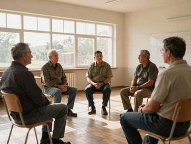 Environmental wide shot of a small community meeting room, three veterans seated in a circle in conversation, warm afternoon light from a row of windows, a whiteboard partially visible, atmosphere of peer engagement and mutual respect