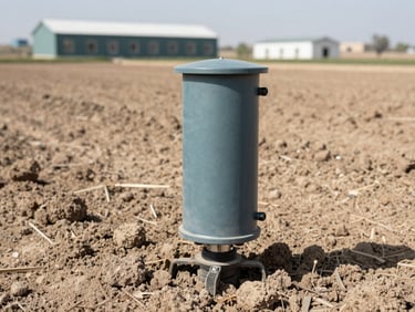 Close-up of a rugged agricultural sensor probe installed in a dry soil field under bright daylight, with a blurred background of a modern farm in Nineveh.