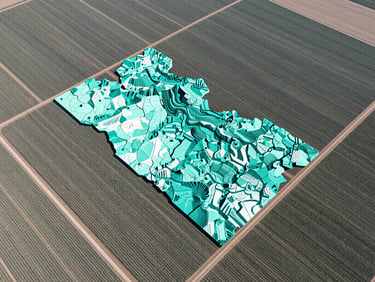 Top-down aerial perspective of structured agricultural crop fields in Nineveh with sharp teal GIS vector overlays, bright natural daylight.