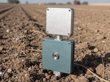 Macro shot of a smart agricultural telemetry sensor node installed in an Iraqi soil field, crisp morning daylight, focus on technical hardware.