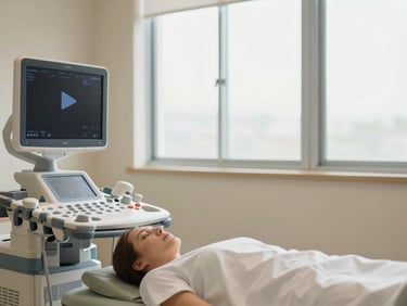 Wide shot of a modern, calm maternal-fetal consultation room with an ultrasound machine, soft natural window light, muted sage and cream tones, shallow depth of field, professional, with a subtle play button icon overlaid.