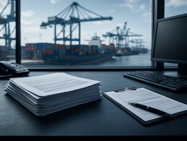 Professional customs clearance office environment, structured documents on a dark slate desk, blurred cargo terminal in background, crisp daylight, high detail.