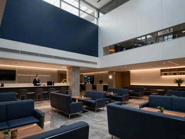 Luxury corporate travel lounge, clean architectural lines, warm lighting, professional hospitality setting, high detail.