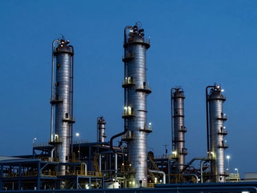 Industrial petroleum refinery towers, dramatic steel structures against a deep blue evening sky, crisp daylight, deep navy and steel tones, high detail.