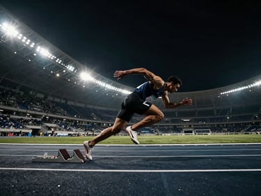 Wide-angle low-angle action shot of a sprinter exploding off the blocks on a dark track, moody stadium floodlights, lens flares, dynamic sports photography.