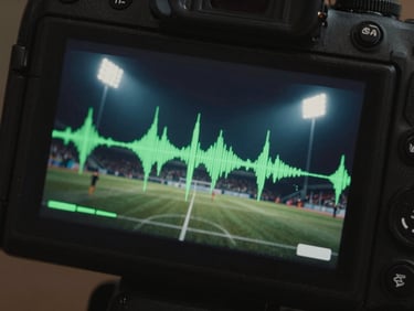 Extreme close-up of a high-end camera monitor displaying a fast-paced vertical video timeline, neon green audio waves on screen, dark studio background.