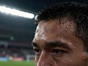 Extreme macro close-up of sweat droplets on an athlete's forehead, high-contrast dramatic key light, deep shadows, raw cinematic feel.