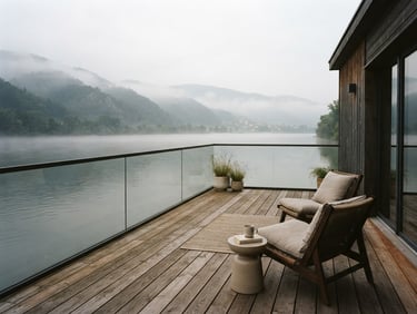 Misty morning view of the Danube river from the private wooden deck of Donauhaus, soft diffused light, warm minimalist outdoor furniture, 35mm photography