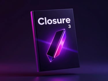 3D render of a sleek, dark ebook cover titled 'Closure' with electric purple and neon pink accents, featuring a sharp, geometric design, floating against a moody, dark background with subtle neon glow.