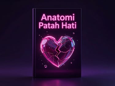 3D render of a sleek, dark ebook cover titled 'Anatomi Patah Hati' with neon pink accents and glassmorphism effect, showing a fractured heart reassembling, floating against a moody, dark background with subtle neon glow.