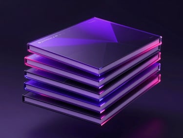 3D render of a premium ebook bundle, showing multiple sleek, dark ebook covers stacked, with electric purple and neon pink accents, glassmorphism textures, floating against a dark, moody background with subtle atmospheric lighting.