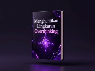 3D render of a sleek, dark ebook cover titled 'Menghentikan Lingkaran Overthinking' with electric purple accents and glassmorphism effect, floating against a moody, dark background with subtle neon glow.