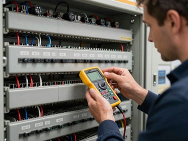 Gros plan d'un électricien qualifié mesurant la tension d'un armoire électrique industrielle complexe avec un multimètre jaune de précision.