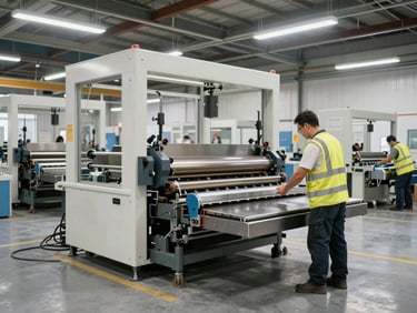 Wide-angle environmental shot of a worker in high-visibility gear operating a large flatwork ironer in a commercial laundry facility, bright warehouse lighting.
