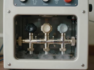 Close-up macro shot of a professional dry-cleaning machine control panel and steam valves, sharp industrial lighting.