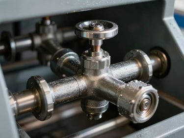 Détail macro des vannes en acier et des cadrans de pression d'une machine de pressing professionnelle installée dans une blanchisserie industrielle.