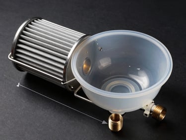Studio strobe flat-lay of an inline compressed air filter housing with bowl removed — stainless baffle, polycarbonate bowl, manual drain port, BSP threaded inlet and outlet marked, high-contrast top-down lighting showing port dimensions