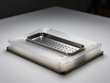 Studio strobe flat-lay of a coalescing filter element on a white surface — borosilicate glass fibre wrap, outer drainage layer, metal inner core with perforations visible, overhead lighting showing layered construction and OD measurement