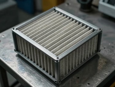 Close-up overhead shot of an air intake filter housing and cartridge on a steel bench, filter media pleating clearly visible under studio strobe lighting