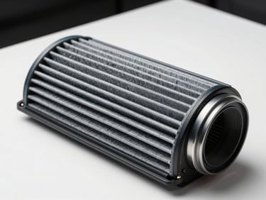 Studio strobe flat-lay of a pleated intake air filter element on a white surface — accordion-folded synthetic media, rubber gasket seal, open-cell end, high-contrast lighting showing filter media depth and OD dimensions clearly