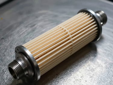 Overhead studio shot of an oil separator filter element on a flat steel surface, threading visible at both ends, high-contrast north light revealing seal material and media layers