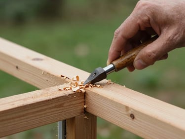Macro shot of a master joiner carefully repairing rotten timber window frame with traditional tools, wood shavings, soft overcast UK daylight, fine craftsmanship