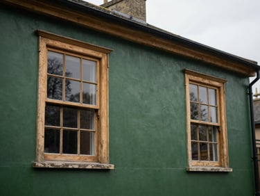 Exterior shot of a period property with newly restored sash windows, showcasing architectural integrity, soft overcast UK daylight.