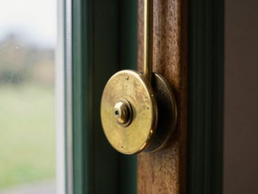 Close-up of a restored sash window pulley mechanism, polished brass, soft natural light, shallow depth of field, heritage joinery