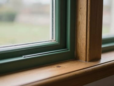 Detailed shot of a sash window mechanism with integrated modern draught-proofing strip, subtle and functional, soft overcast UK daylight.